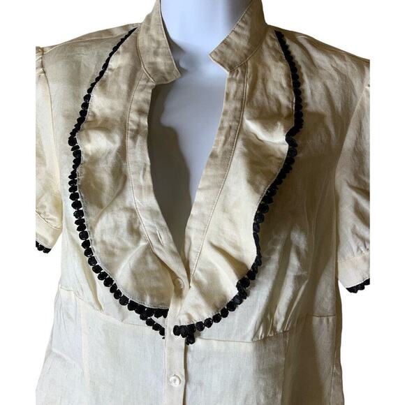 Sunny Leigh 100% Linen Shirt Women's Size Medium Ruffle Lace Trim Neckline Top - Picture 5 of 8